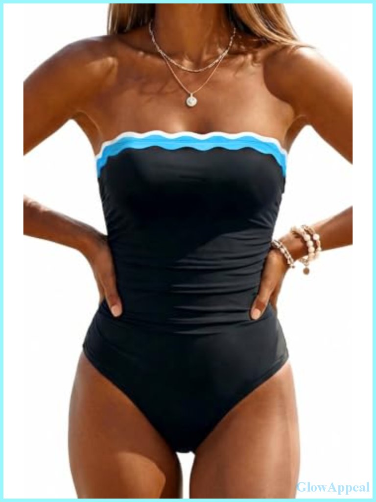 Tummy Control Strapless One Piece Swimwear With Scalloped Edge